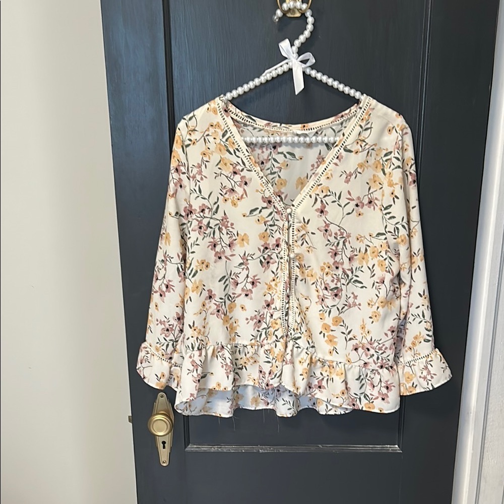 Sienna Sky Cream Blouse with Bell Sleeves and Peplum